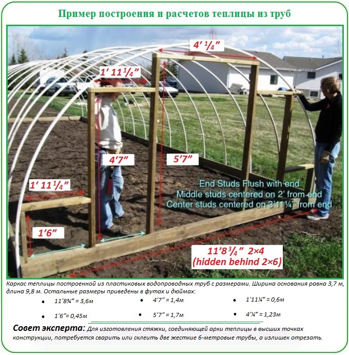 Пример строительства теплицы из пластиковых труб с размерами